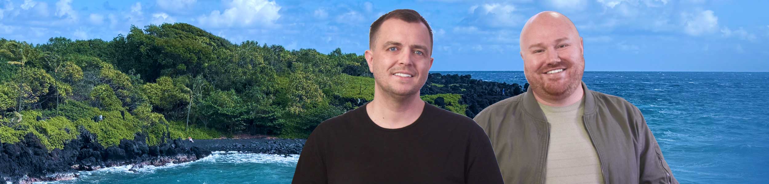 Beau and Sean standing in front of a coastal travel scene with ocean and green shoreline
