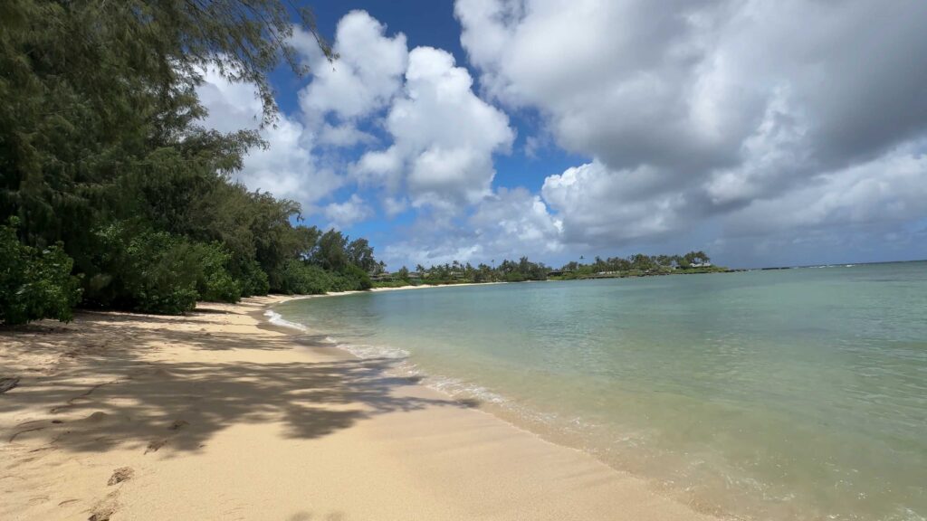 Quiet tree-lined shoreline and calm water at Kawela Bay on the North Shore of Oahu.