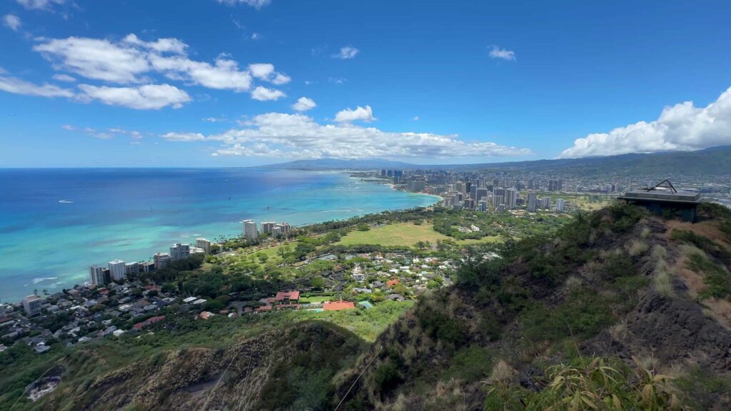 Panoramic view of Waikiki, Honolulu, and the Oahu coastline from the Diamond Head summit trail.