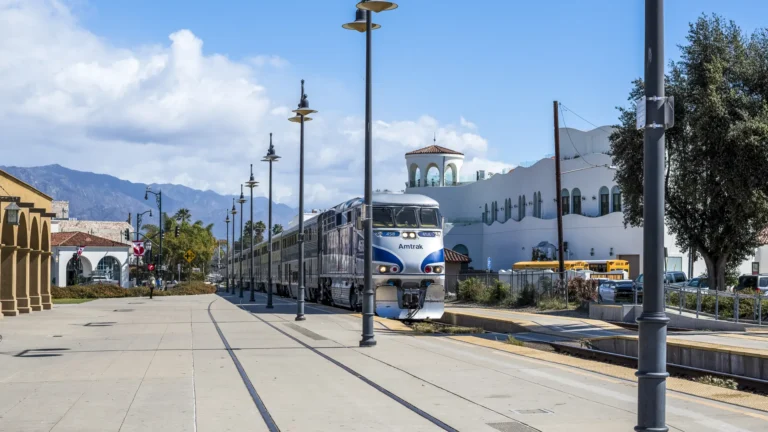 An Amtrak Pacific Surfliner train at the Santa Barbara station in California.