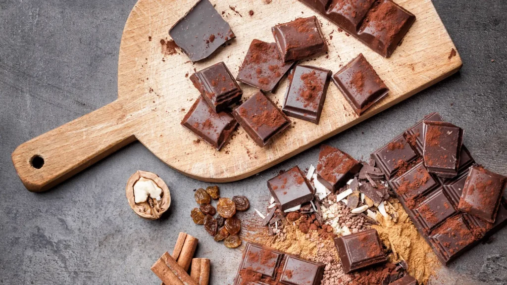Pieces of chocolate bars on a wooden board and a gray surface with cocoa, spices, and nuts
