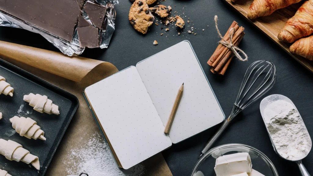 Open blank notebook and pencil surrounded by flour, butter, a whisk, dough, and pastries on a dark work surface