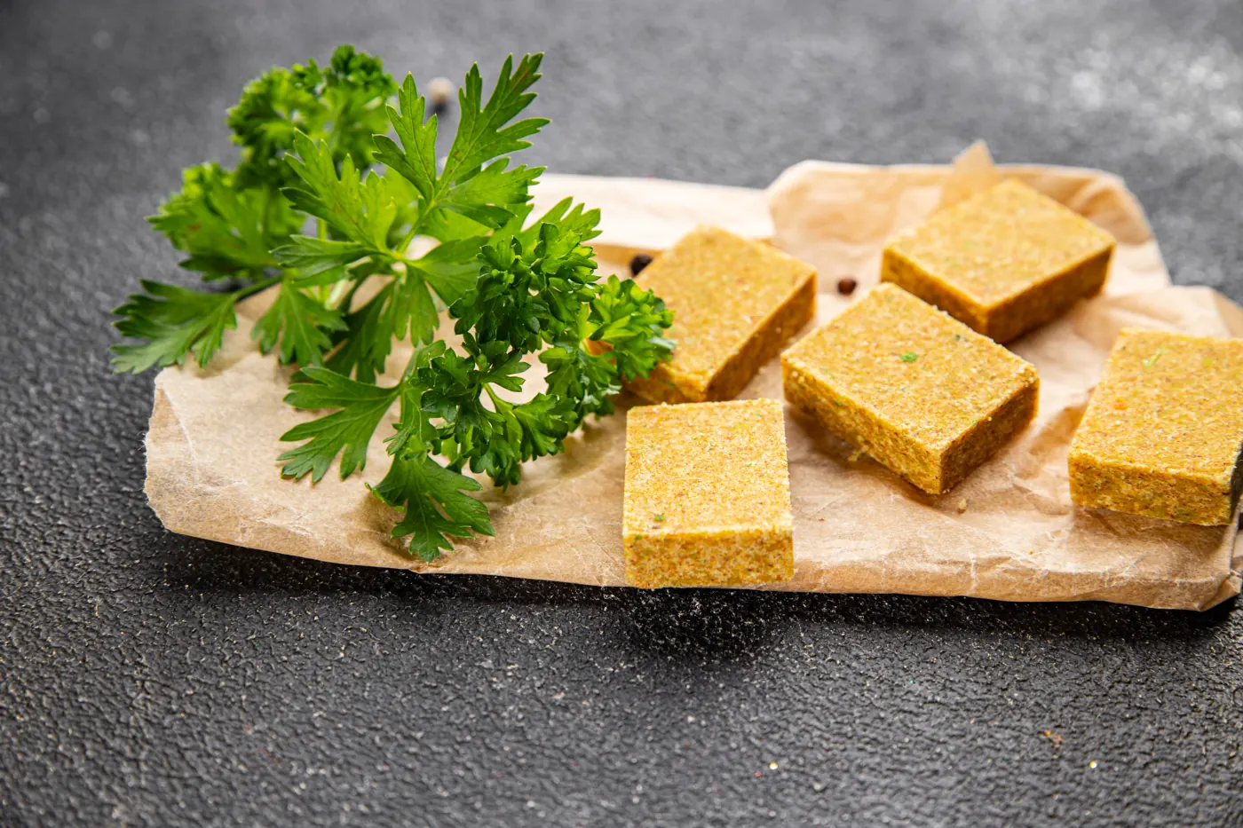 Golden bouillon cubes arranged on parchment with parsley on a dark textured surface
