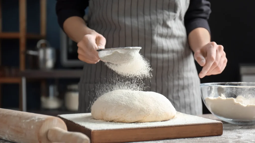Baker sifting flour over a round of dough on a wooden board, with a rolling pin and bowl nearby