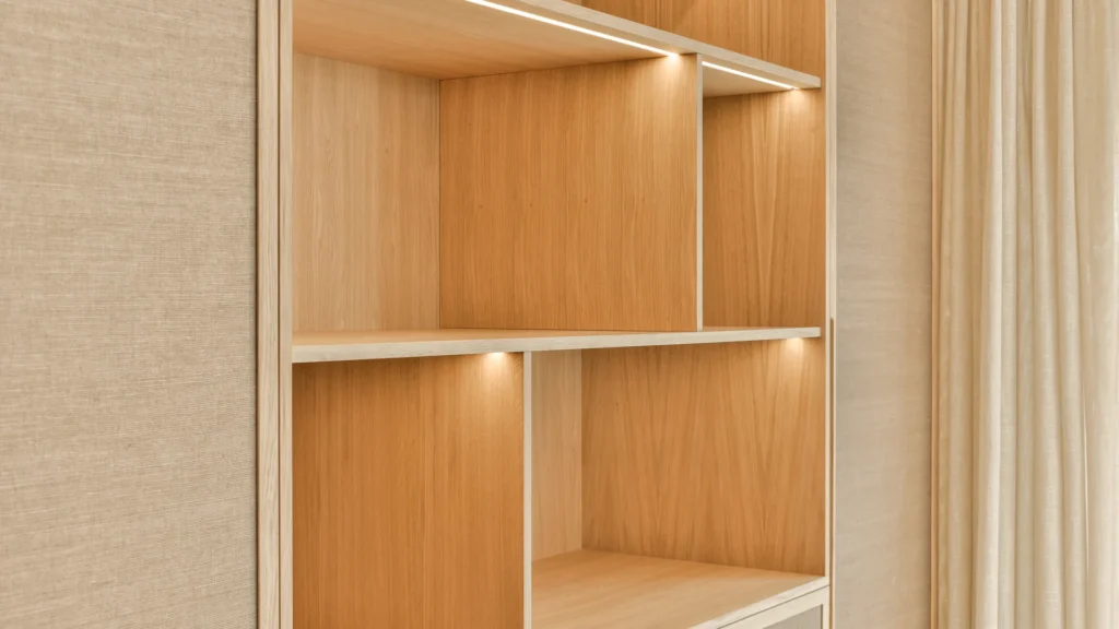 Warm accent lights illuminate empty wooden display shelves.