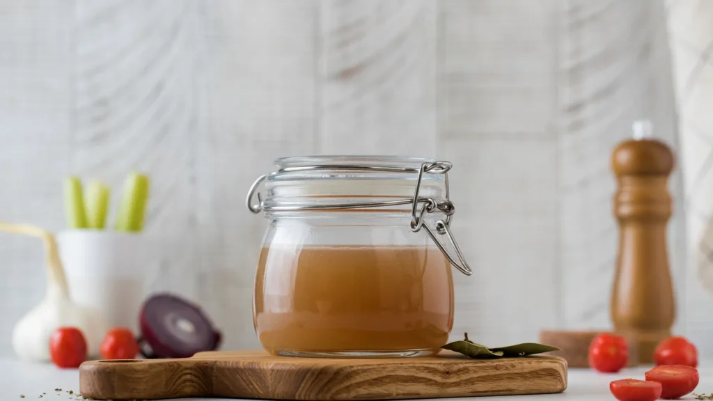 Glass jar of golden-brown broth on a wooden board with vegetables, bay leaves, and a pepper mill nearby