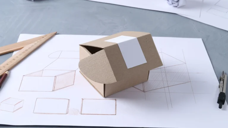 A folded cardboard box on a sheet of packaging sketches beside pencils and a ruler.