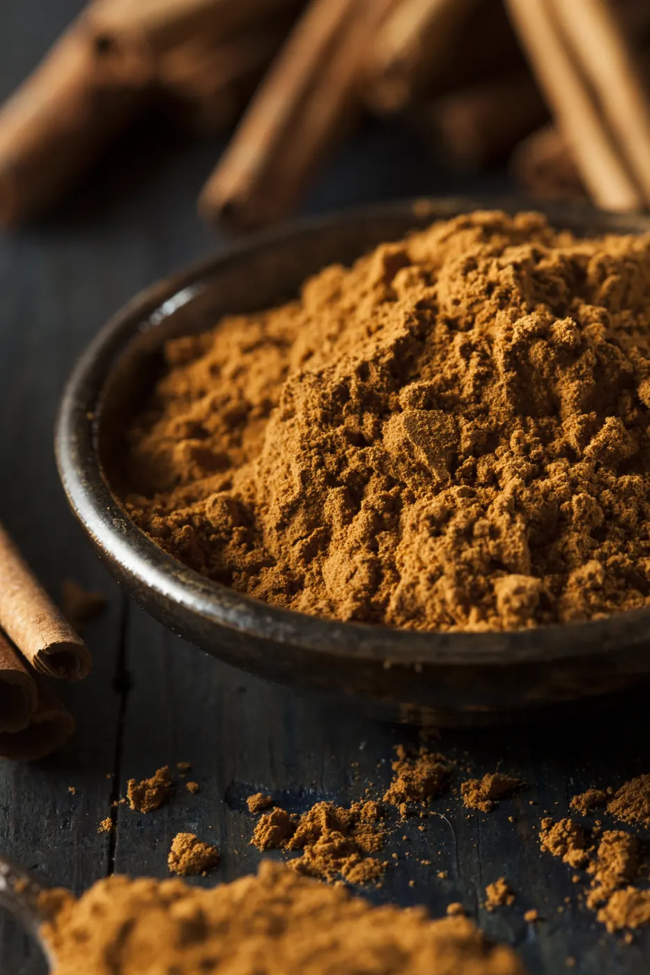 A dark bowl holds ground cinnamon with cinnamon sticks on the wooden surface behind it.
