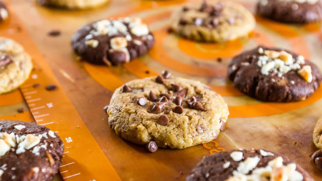 Chocolate chip and chocolate cookies resting on an orange baking mat with printed circles