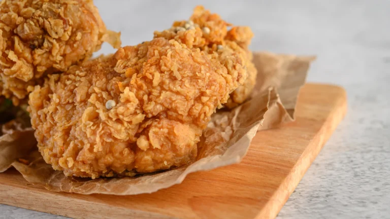Crispy fried chicken on a wooden board