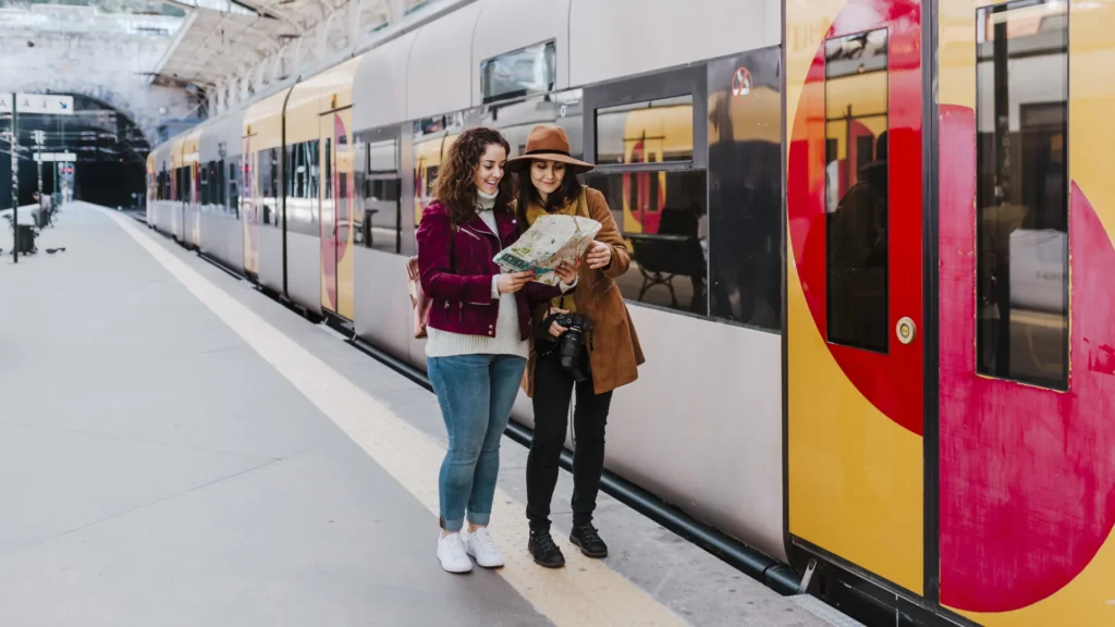 Two travelers study a paper map beside a red and white train at a covered station.