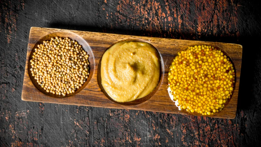 Whole mustard seeds, smooth mustard, and grainy prepared mustard in three wells of a wooden serving board.