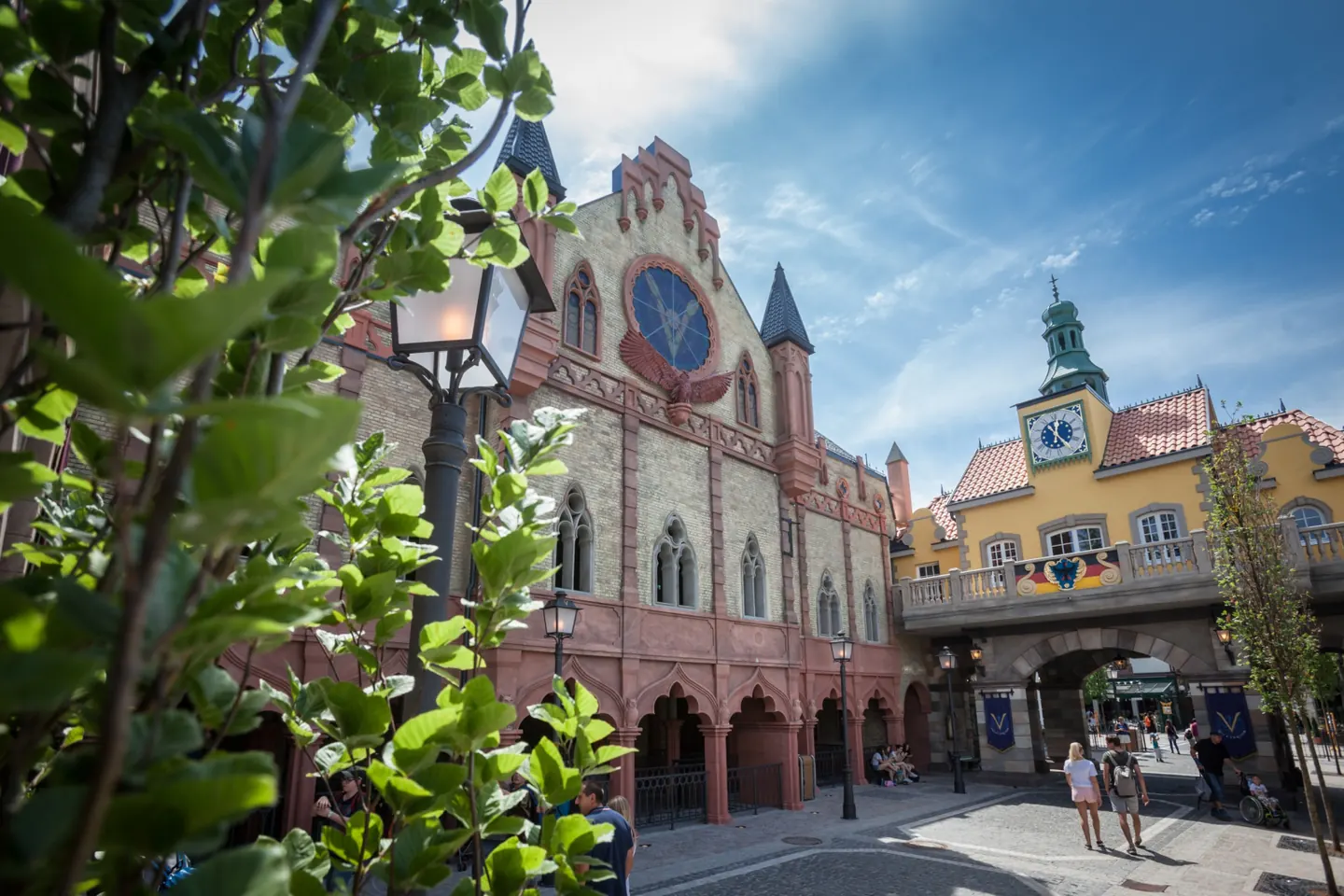 Voletarium’s decorated exterior and courtyard in Europa-Park’s German themed area.