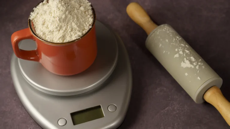 A red cup heaped with flour on a digital kitchen scale beside a rolling pin.