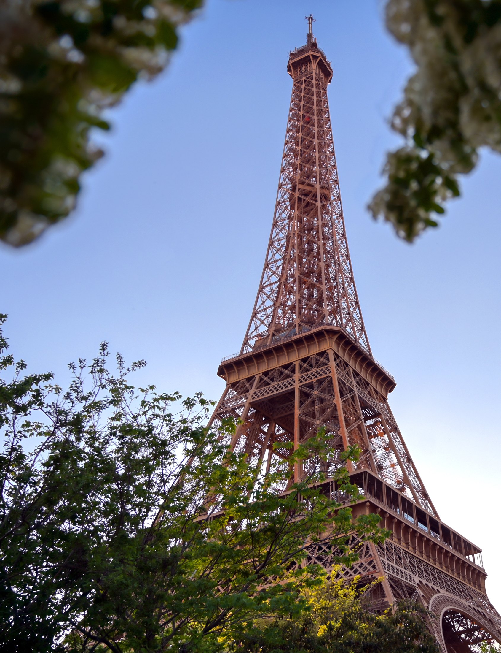 The real Eiffel Tower rises above trees against a blue Paris sky