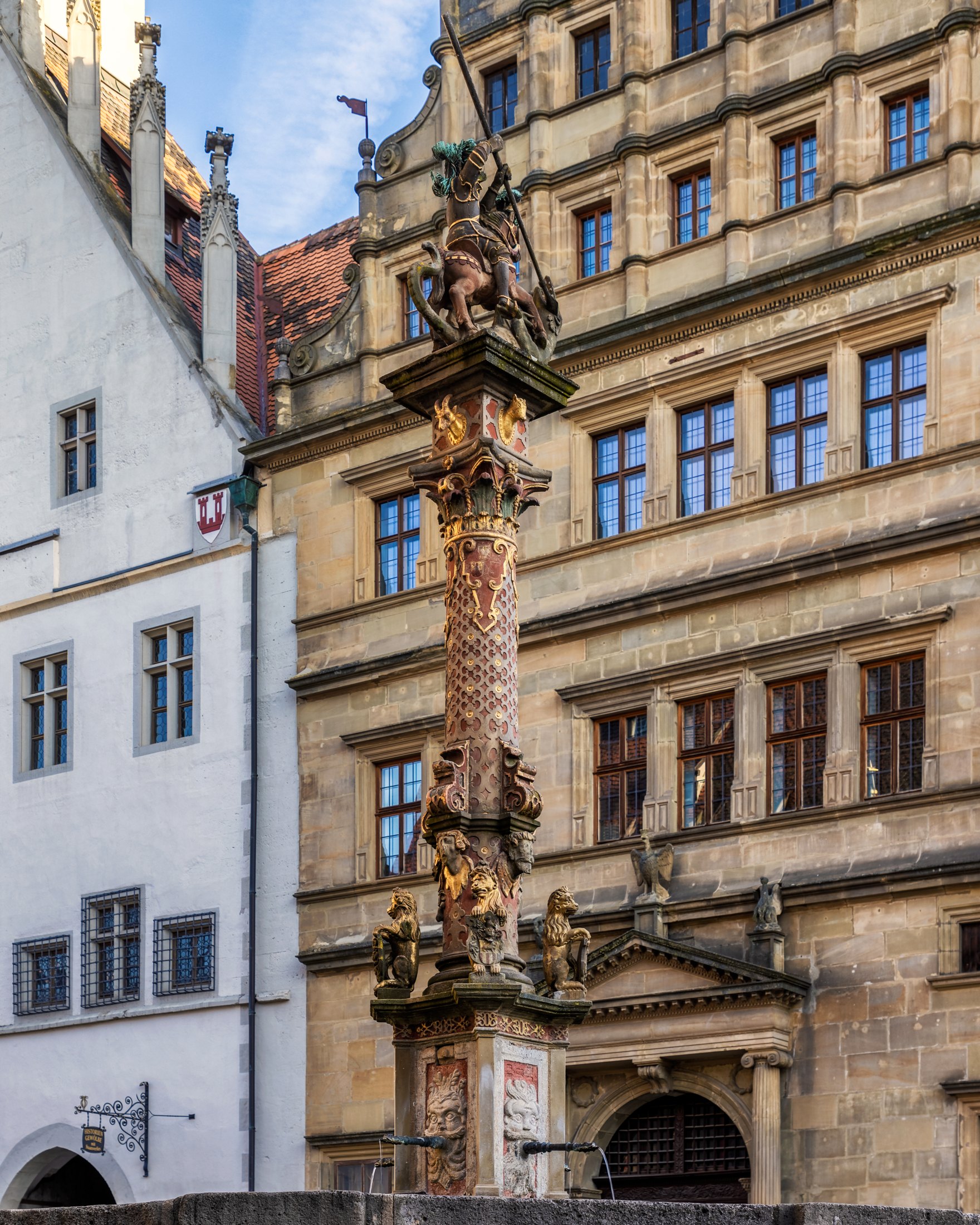 St. George fighting a dragon atop the ornate fountain in Rothenburg’s market square