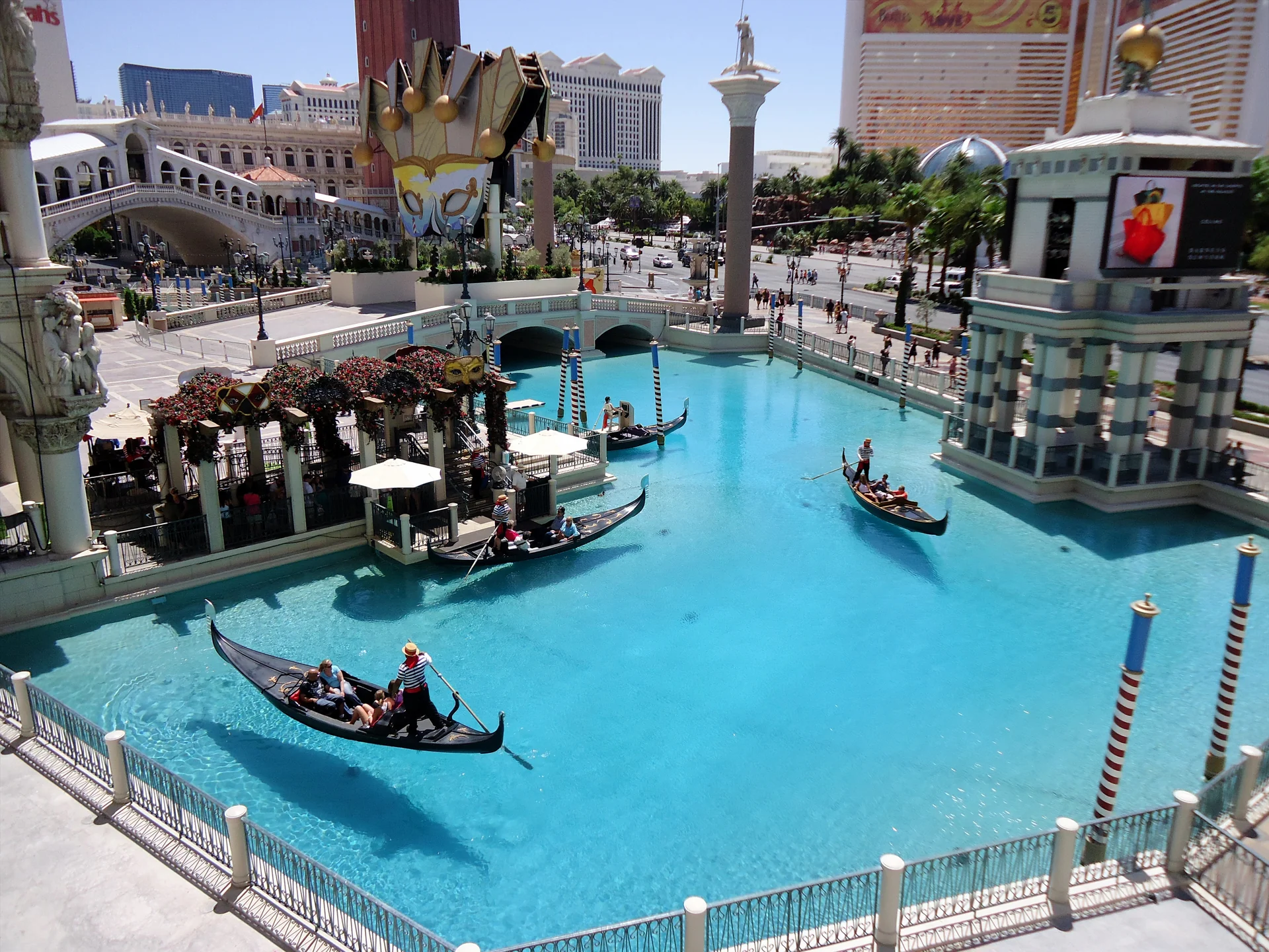 Outdoor canals and Venetian-style buildings at the Venetian on the Las Vegas Strip