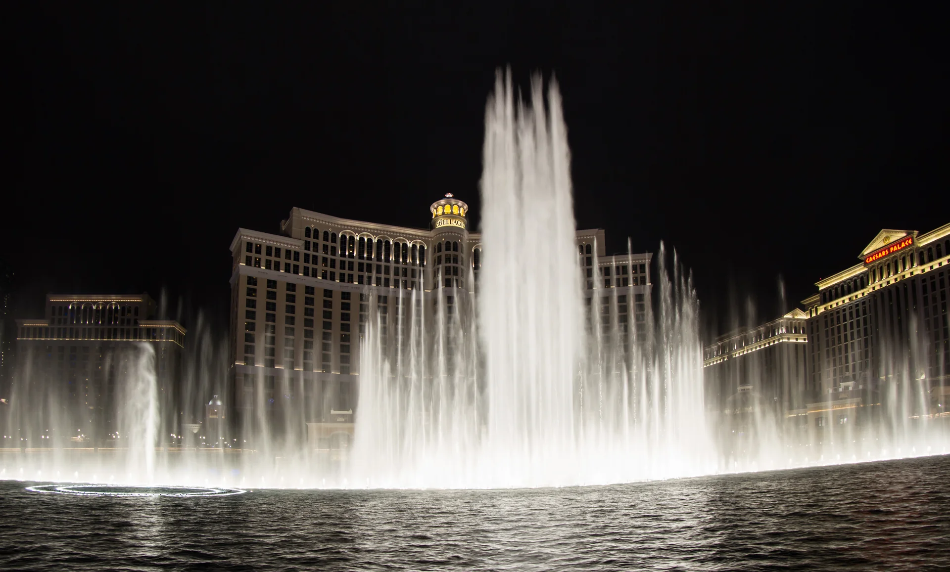 The Fountains of Bellagio illuminated in front of the resort at night