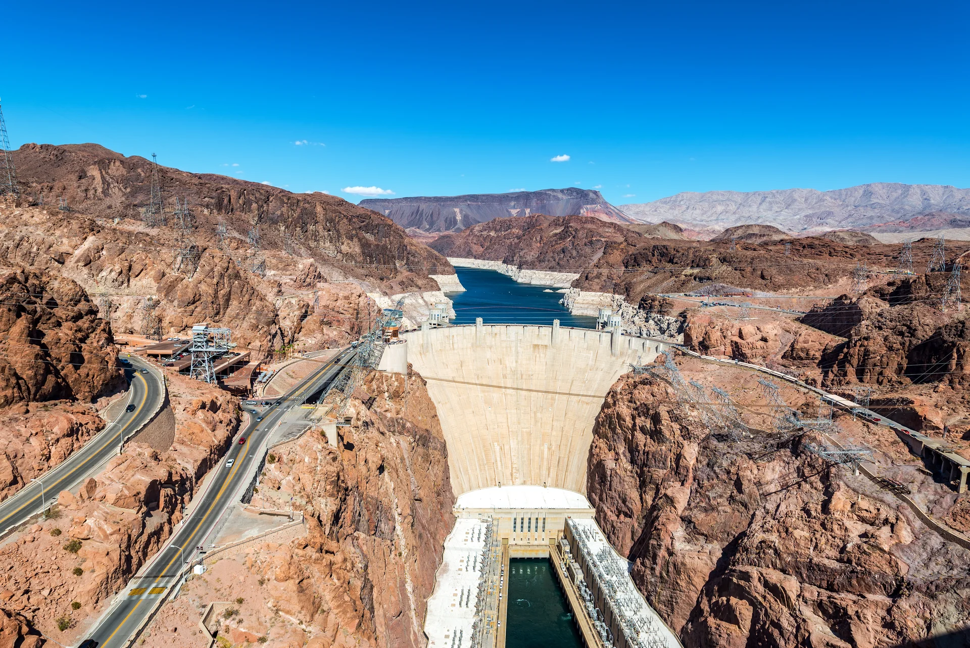 Hoover Dam spans the Colorado River canyon between Nevada and Arizona