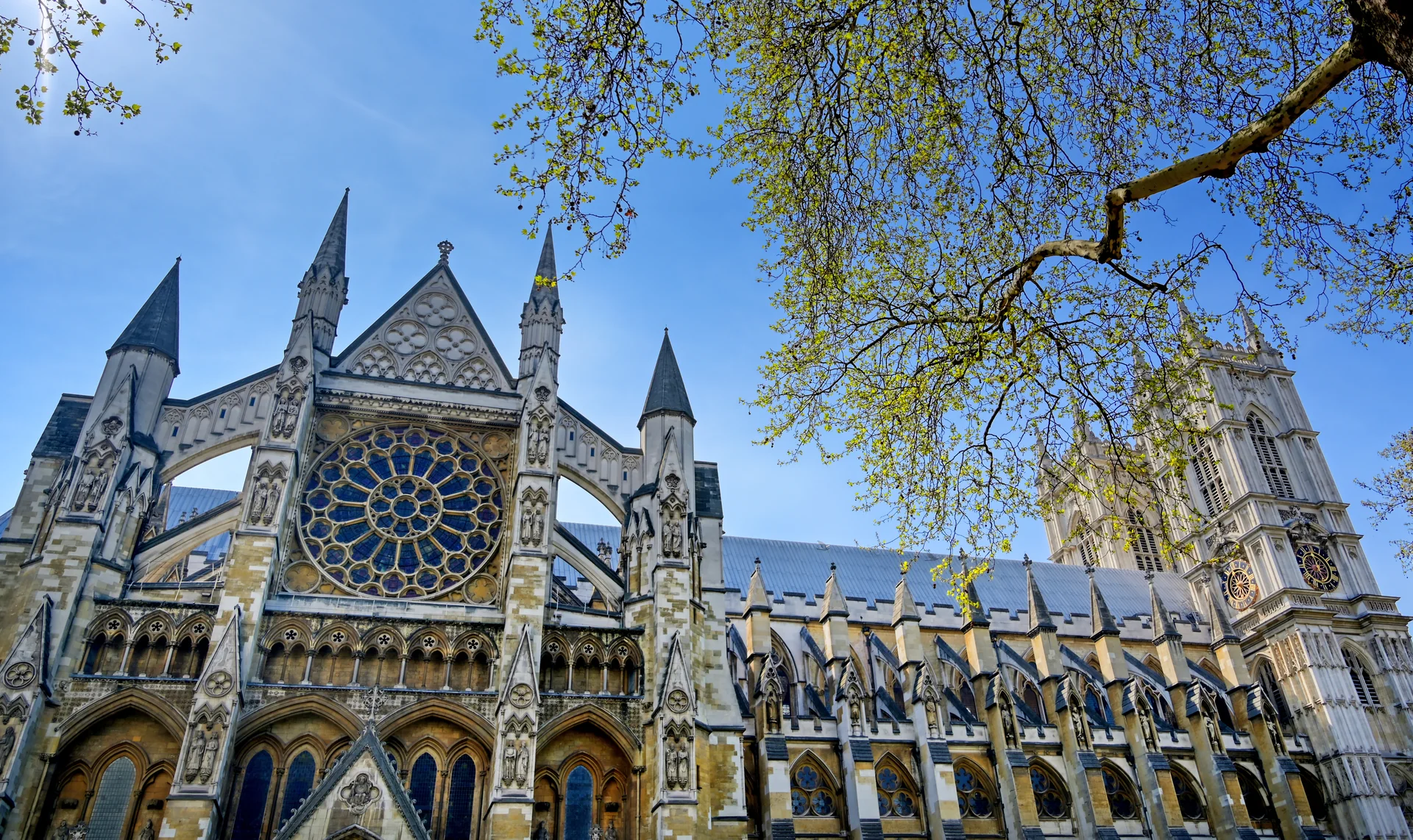 Westminster Abbey’s Gothic exterior beside Parliament Square