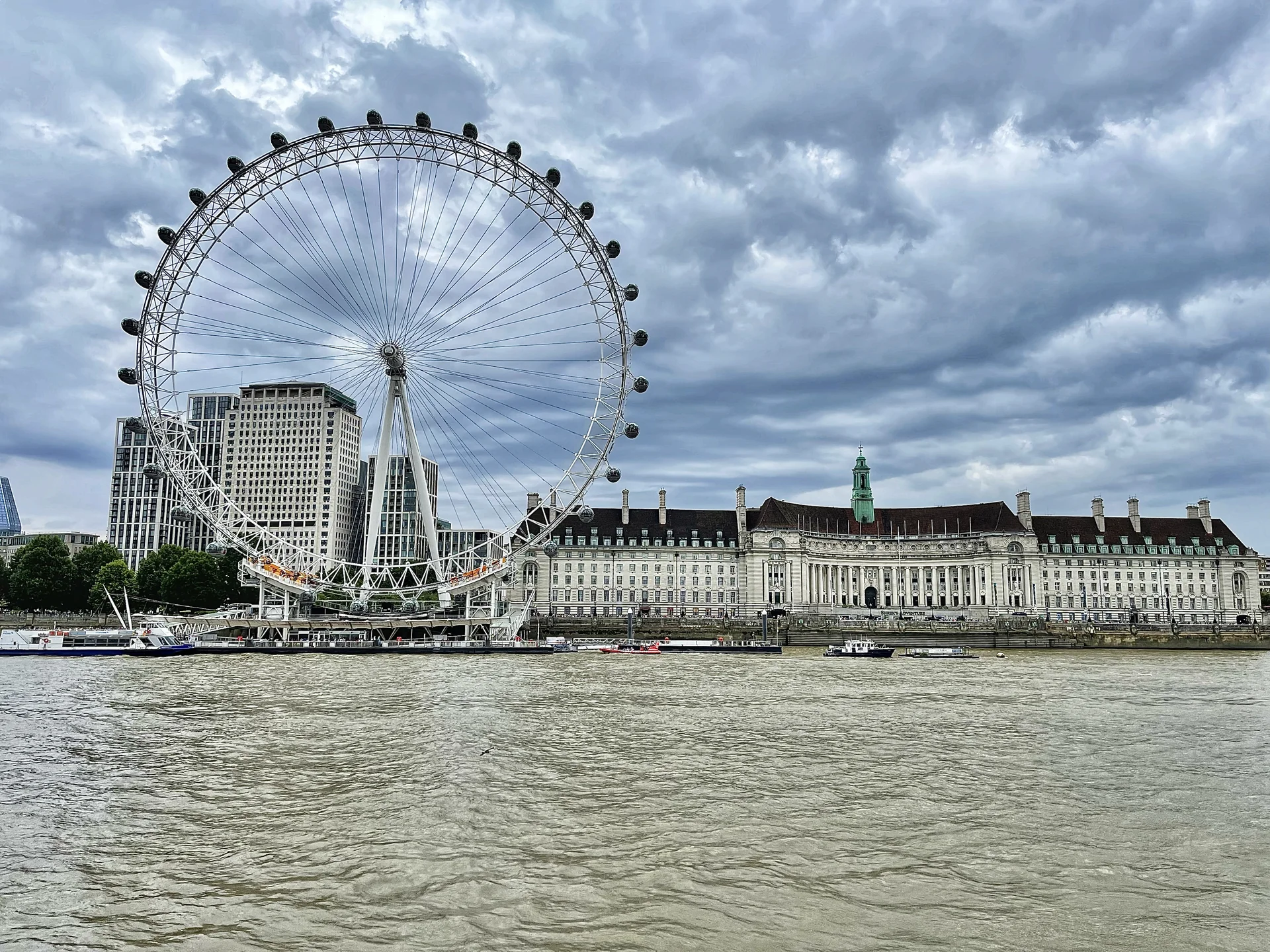 The London Eye and County Hall on the South Bank of the Thames