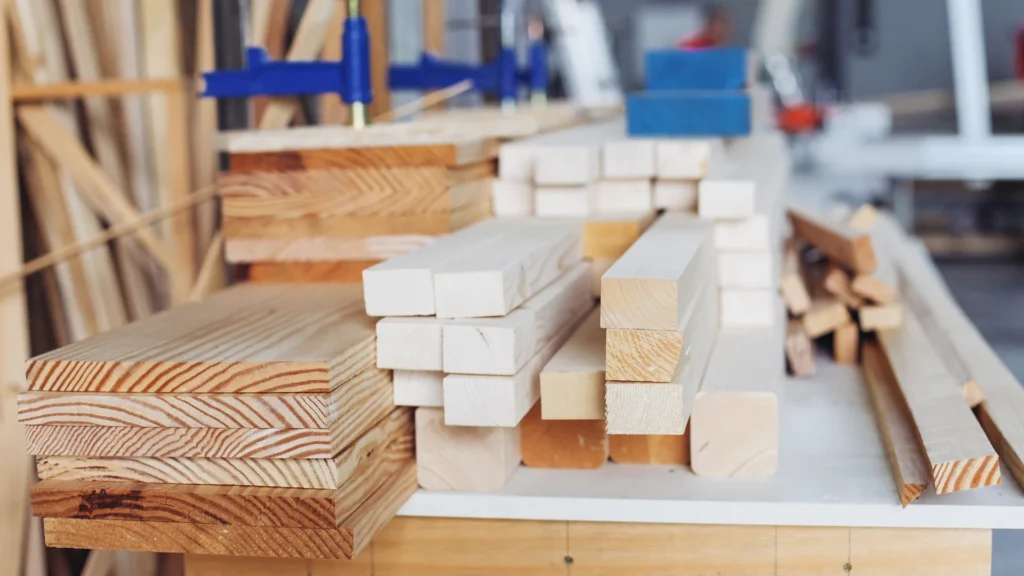 Cut timber and wood blocks arranged on a workshop bench.