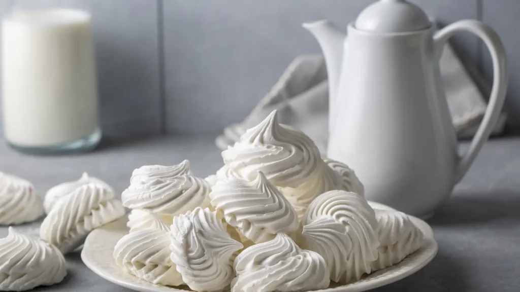 White piped meringues sit on a plate beside a white teapot and a glass of milk.