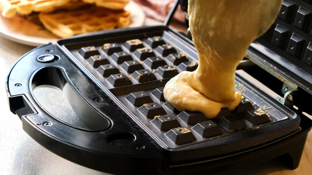 Batter pours into the square pockets of an open waffle iron.