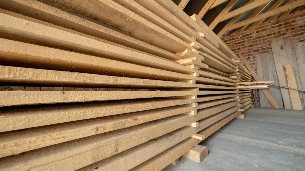 Long rough lumber boards stacked with spacers inside a timber-framed building