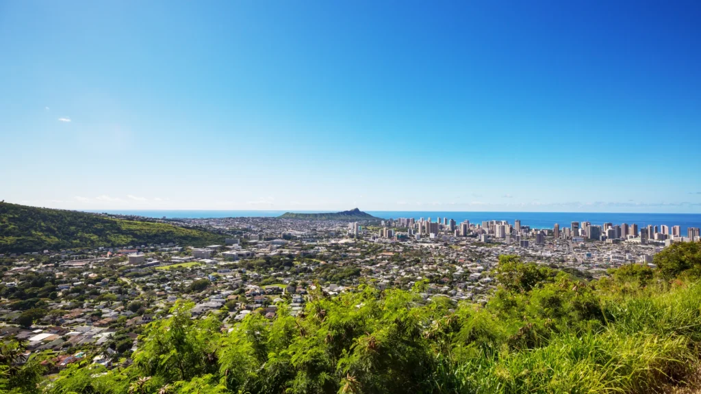 Honolulu and Diamond Head seen from a green hillside beneath a clear blue sky.