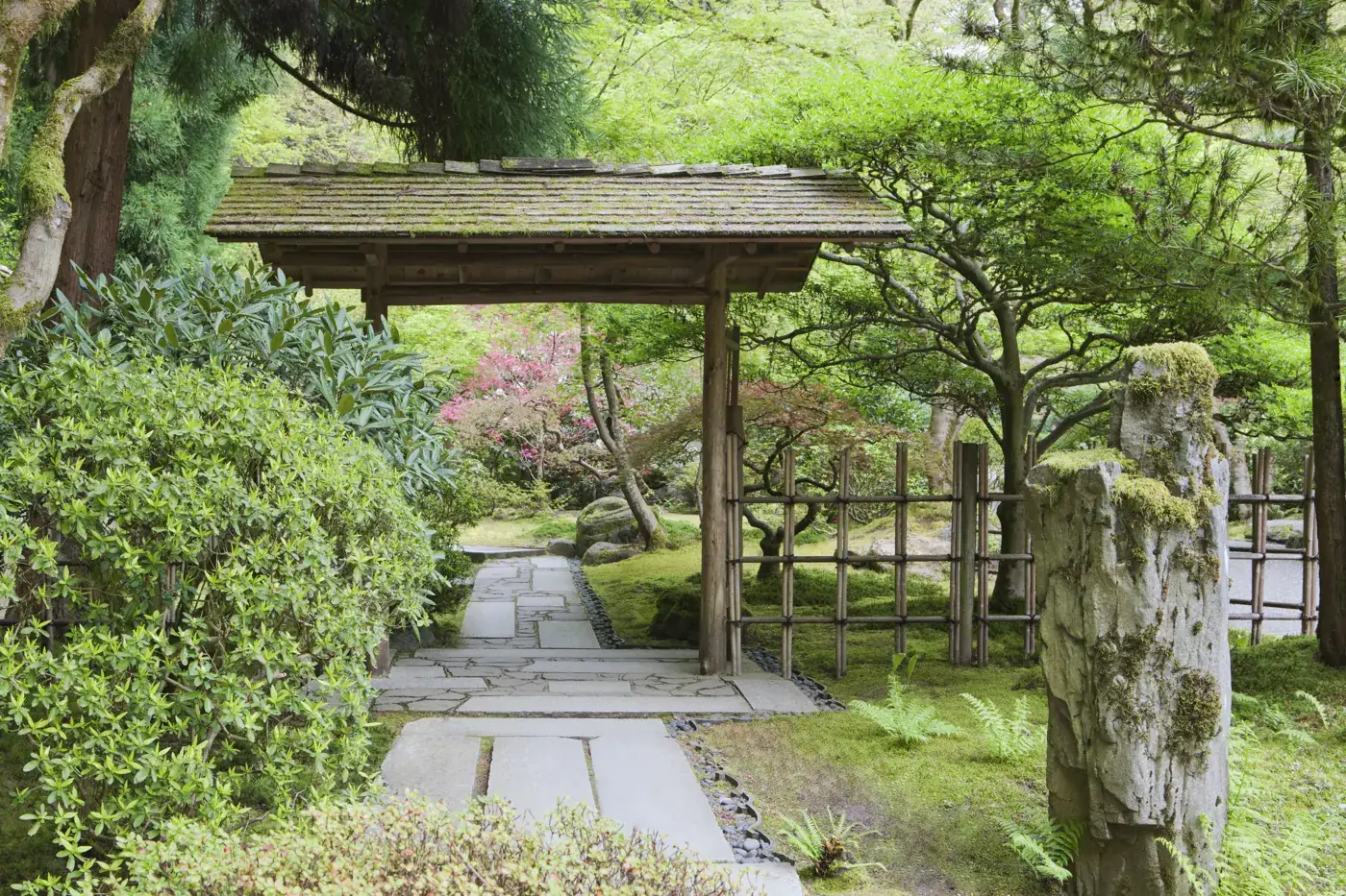 A wooden gate above a stone path surrounded by green plantings at Portland Japanese Garden