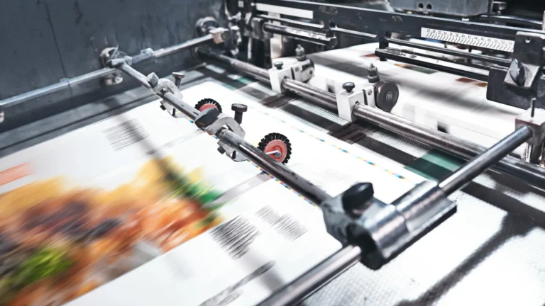 Printed sheets moving through a commercial printing press.