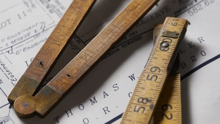Wooden folding ruler resting diagonally across a printed technical drawing