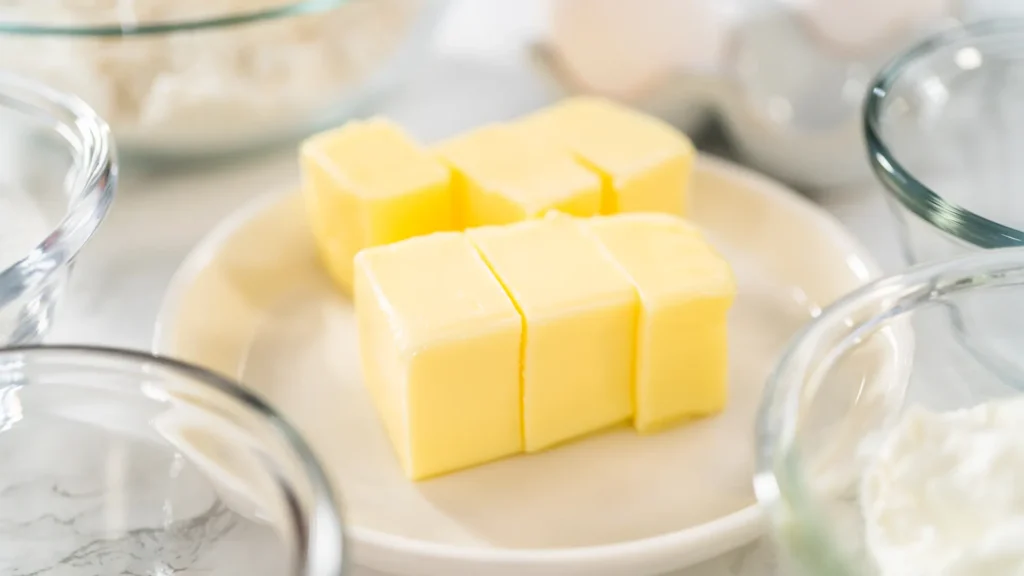 Yellow butter cubes on a white plate surrounded by glass bowls of baking ingredients