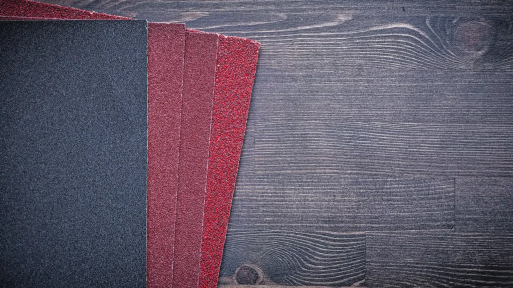 Red and dark sandpaper sheets arranged on a gray wooden surface