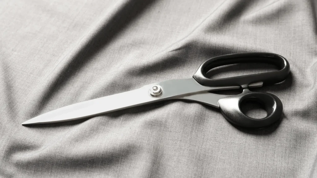 Black-handled metal scissors resting on softly folded grey fabric