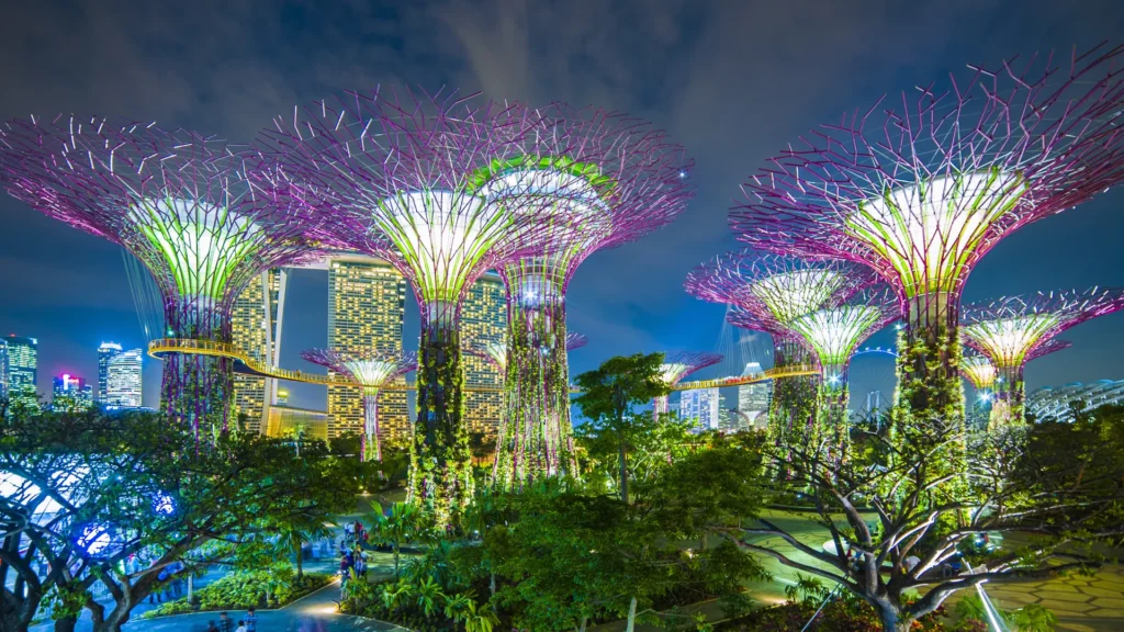 Illuminated Supertrees at Gardens by the Bay beneath a dark blue sky, with Singapore buildings behind