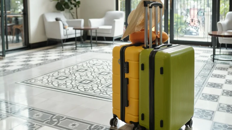 Two upright suitcases with a sun hat in a bright hotel lobby.
