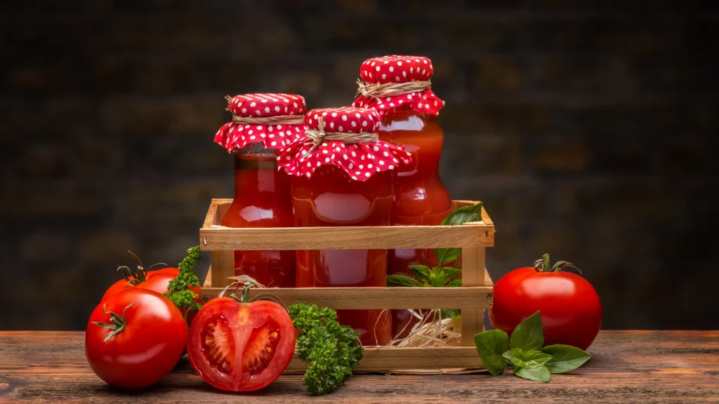 Glass jars of red tomato sauce in a small wooden carrier, with fresh tomatoes and herbs on a dark wooden table