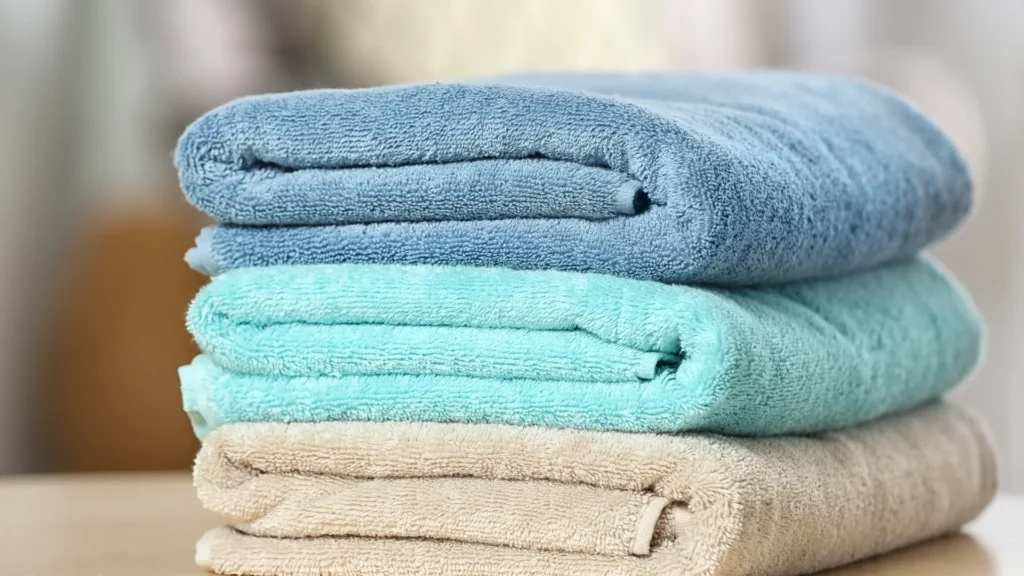 A stack of folded blue, turquoise, and beige towels.
