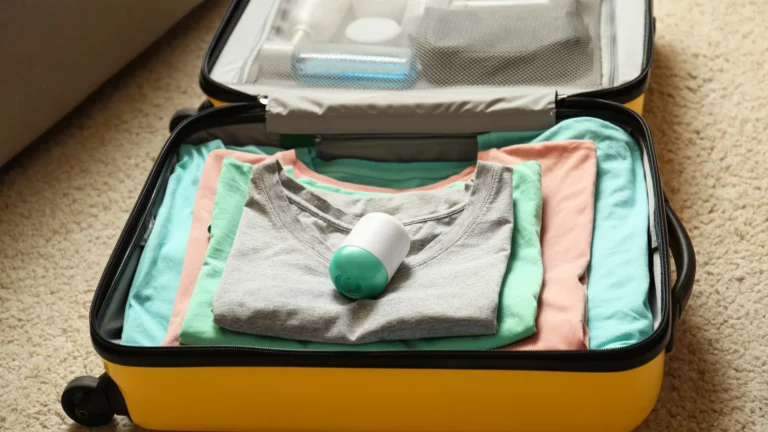 Open yellow suitcase holding folded shirts and travel toiletries