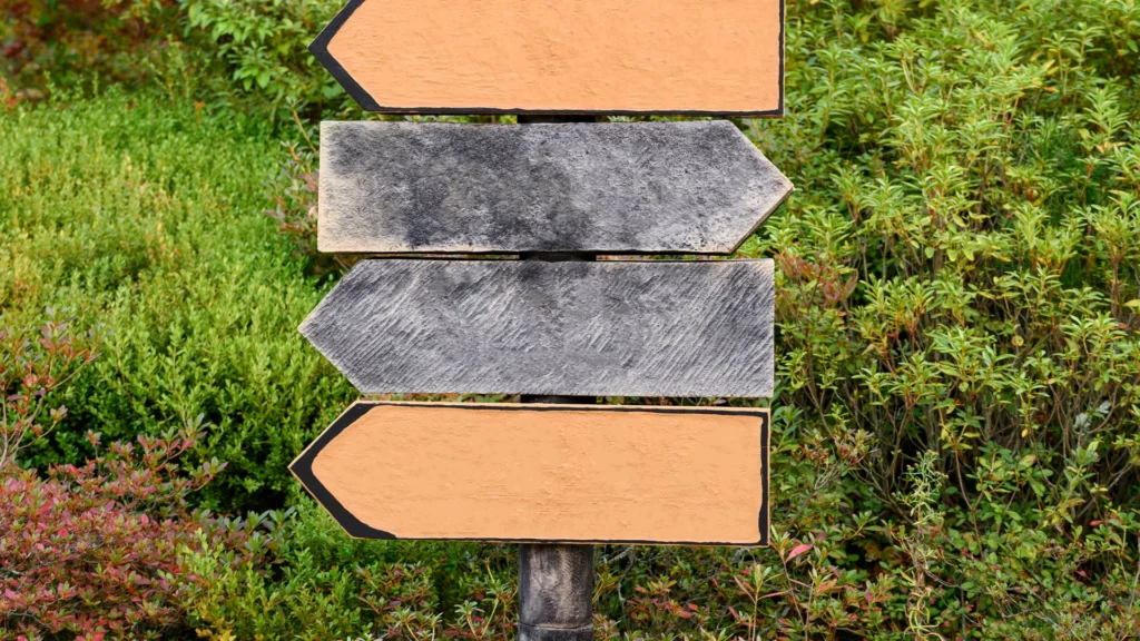 Blank wooden arrow signs on a post in a green garden.
