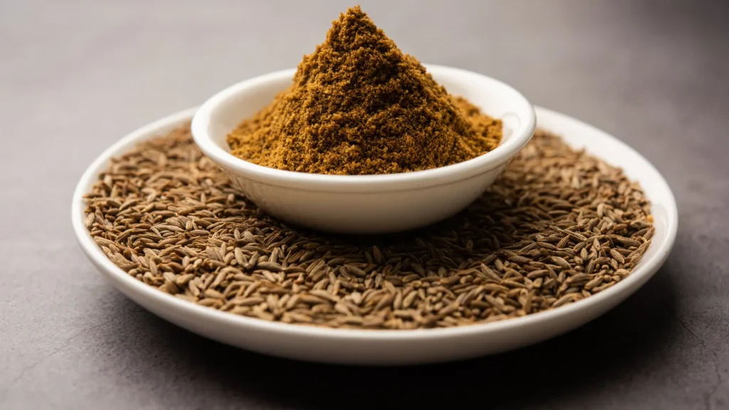 A small white bowl of ground cumin rests on a larger plate of whole cumin seeds.