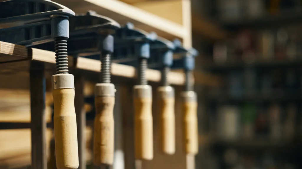Row of metal woodworking clamps with wooden handles resting along a wooden bench edge