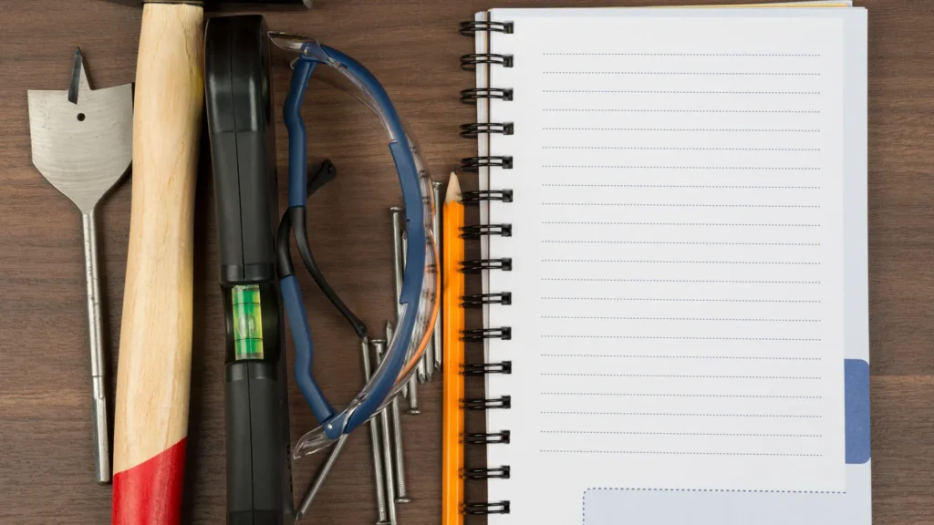 A blank spiral notebook beside hand tools, a pencil, and safety glasses on a wooden work surface.