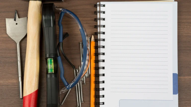 A blank spiral notebook beside hand tools, a pencil, and safety glasses on a wooden work surface.